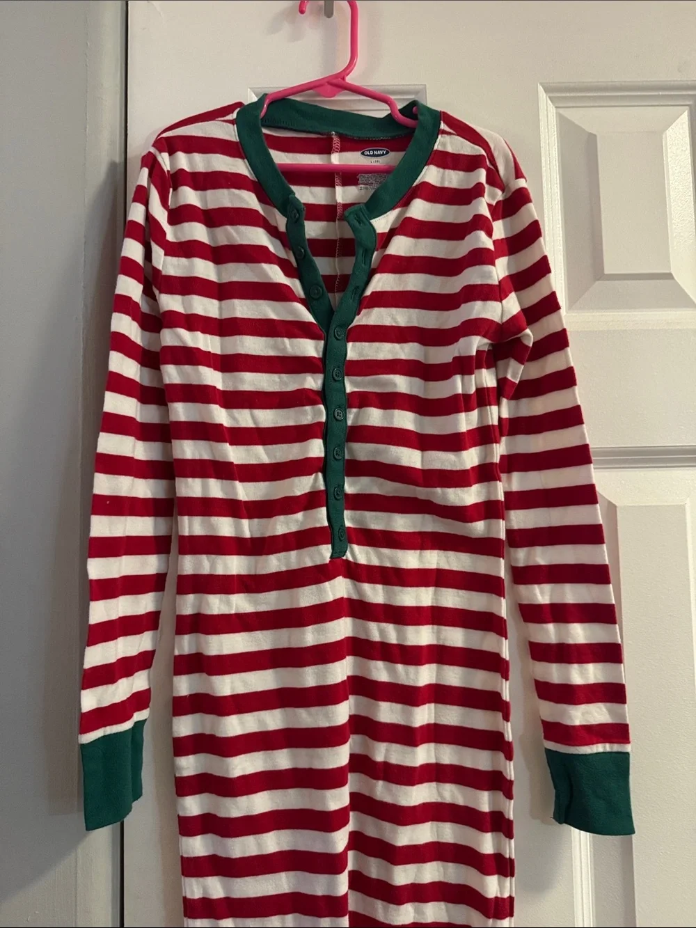 Old Navy Red & White Striped Kids One-Piece Pajama with Green Trim